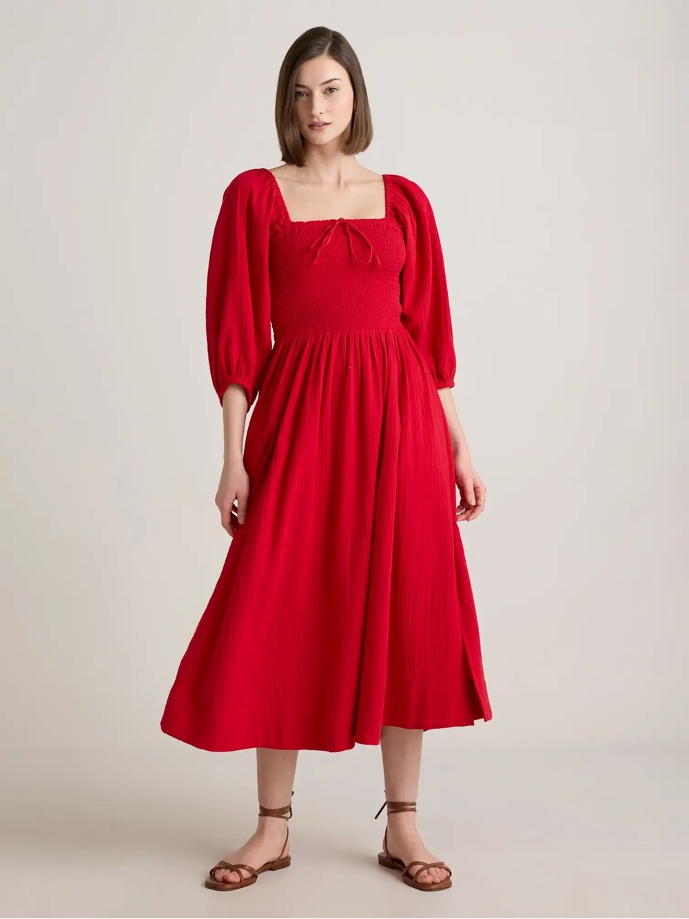 Quince Red Square-Neck Puff-Sleeve Midi Dress